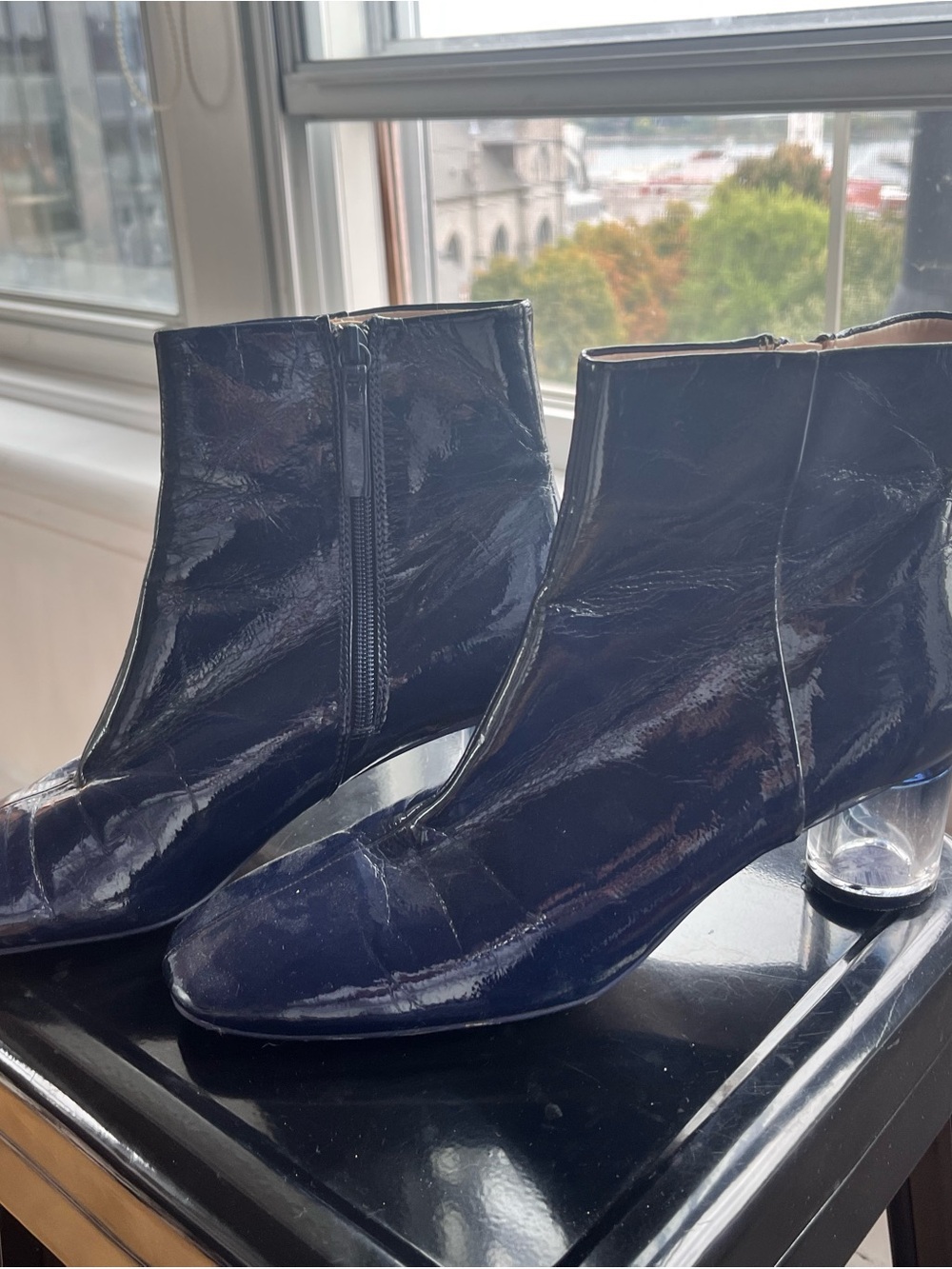 Zara - Navy Patent Ankle Boots with Clear Block Heel
